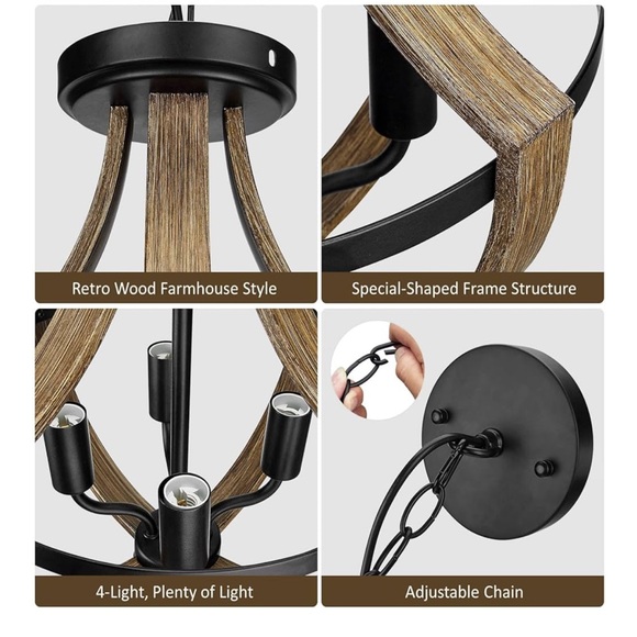 NEW! 13.1" Modern Farmhouse 4 light Pendant or Flush Rustic Vintage Chandelier - Picture 6 of 6